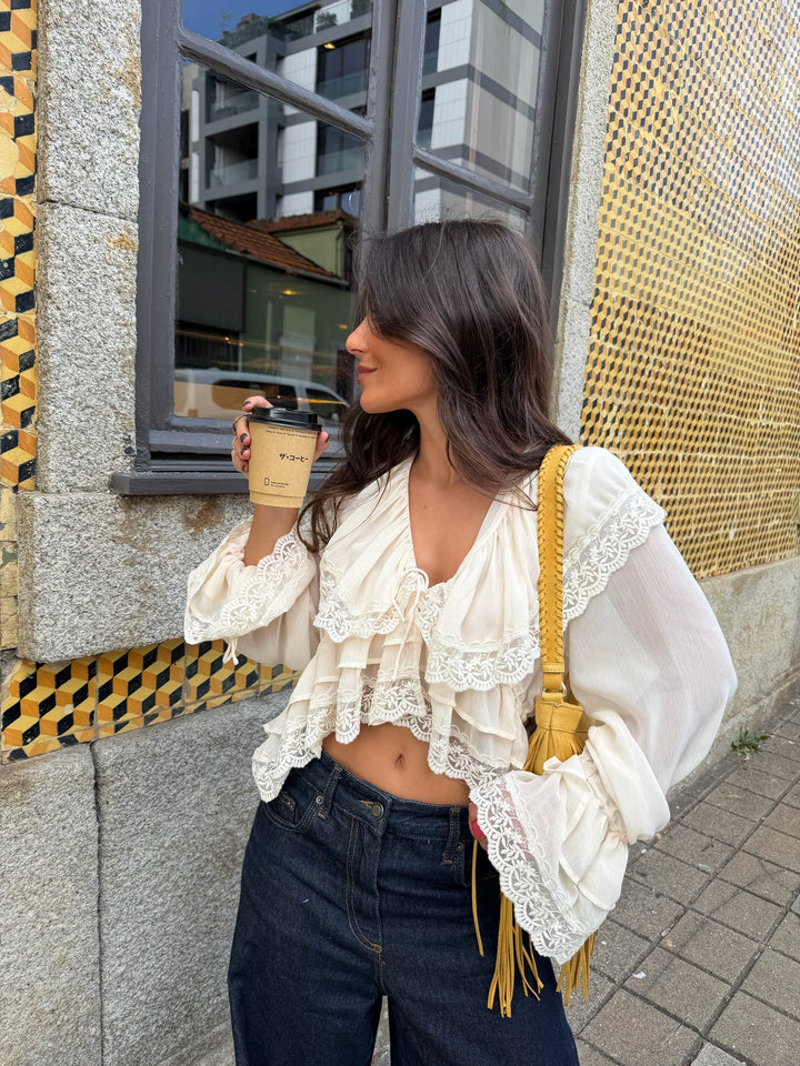 Lace Detail Ruffle Blouse in Cream