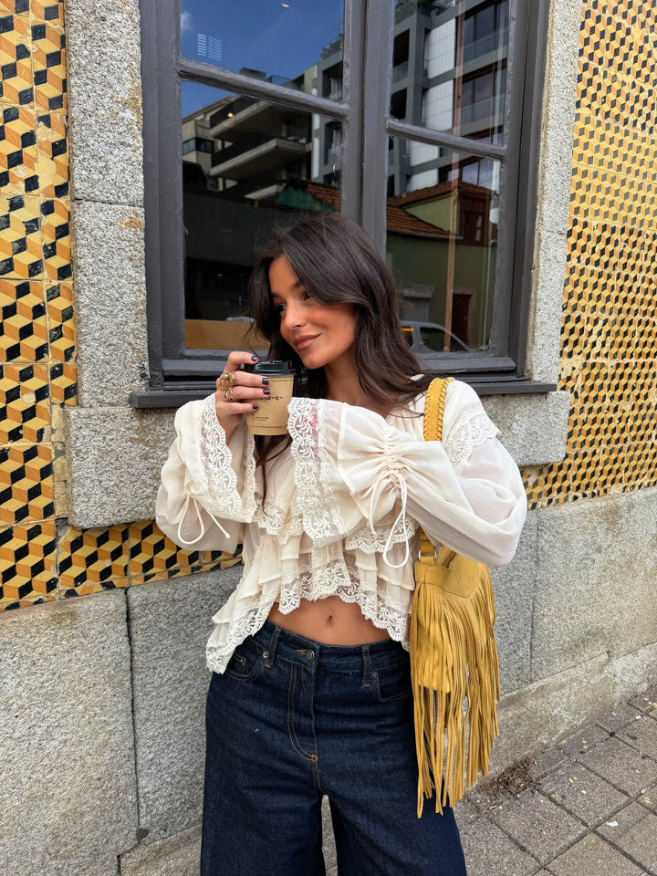Lace Detail Ruffle Blouse in Cream