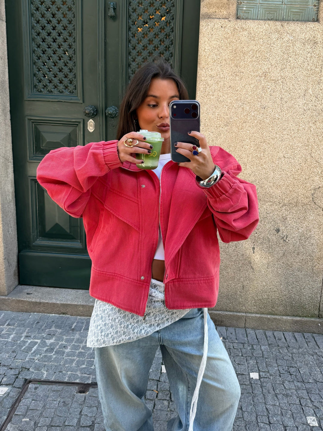 Washed High Neck Jacket in Coral