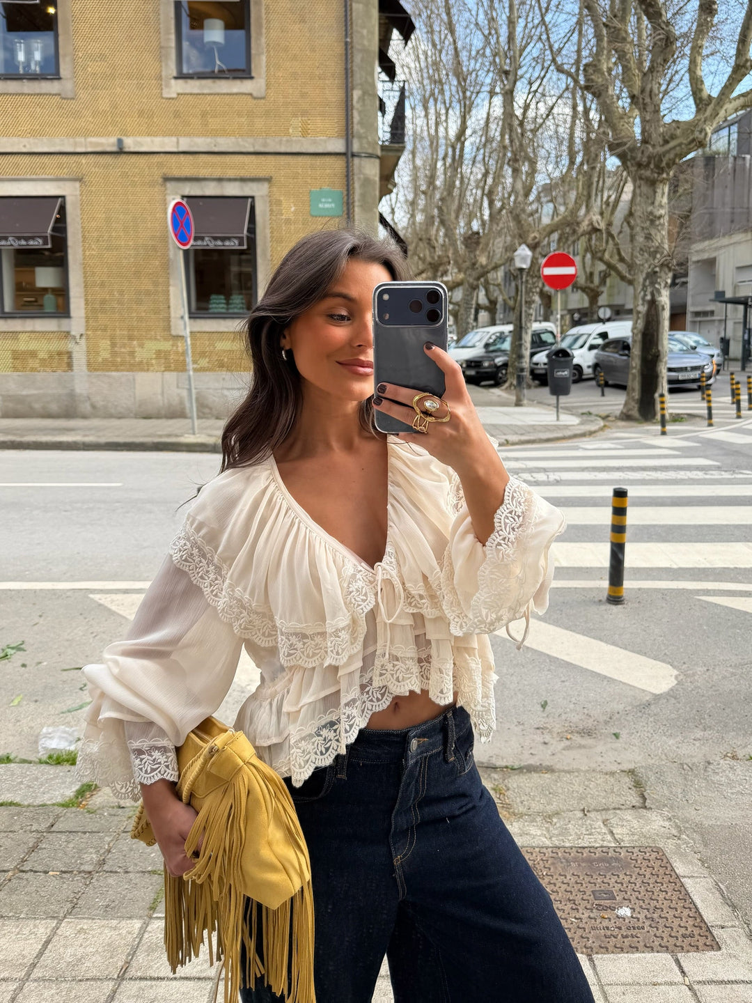 Lace Detail Ruffle Blouse in Cream