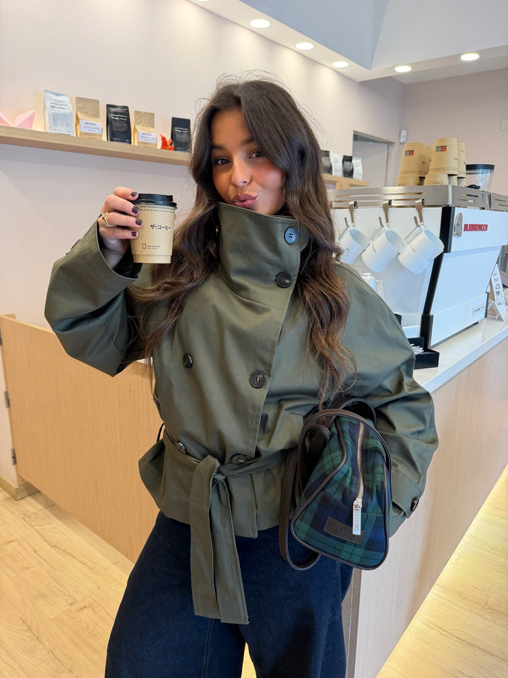 Cropped High Neck Trench Coat in Khaki