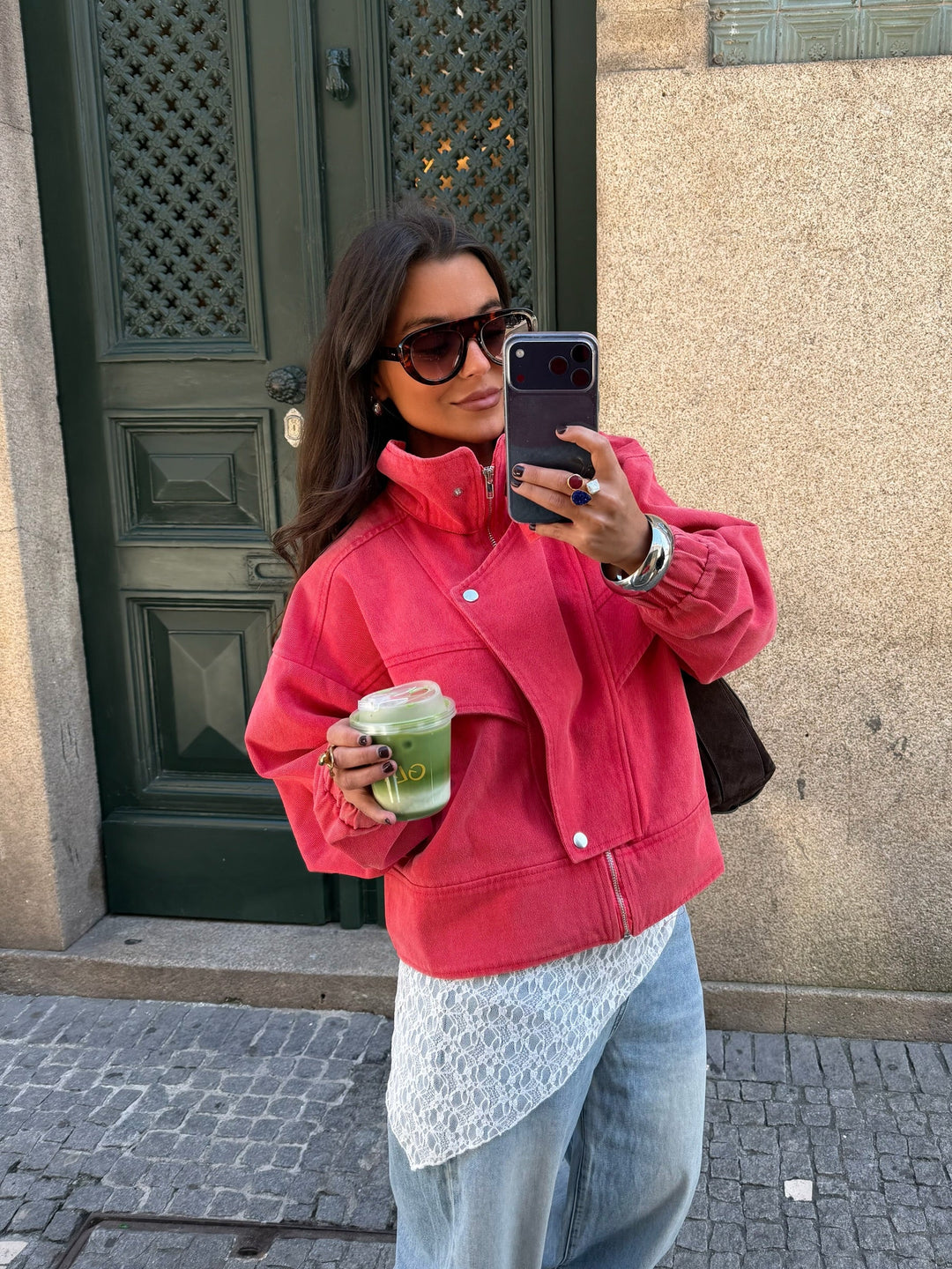 Washed High Neck Jacket in Coral