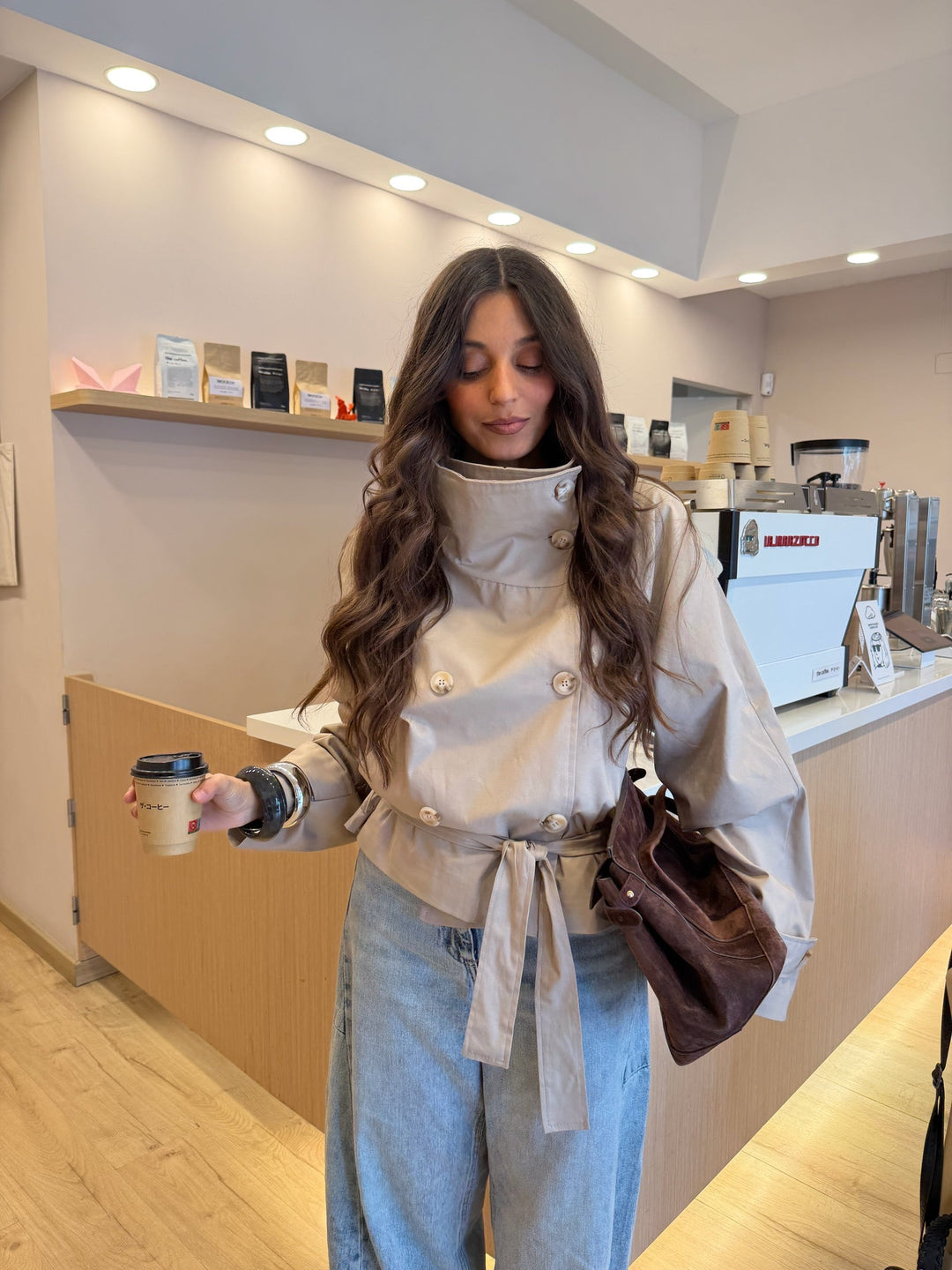 Cropped High Neck Trench Coat in Beige