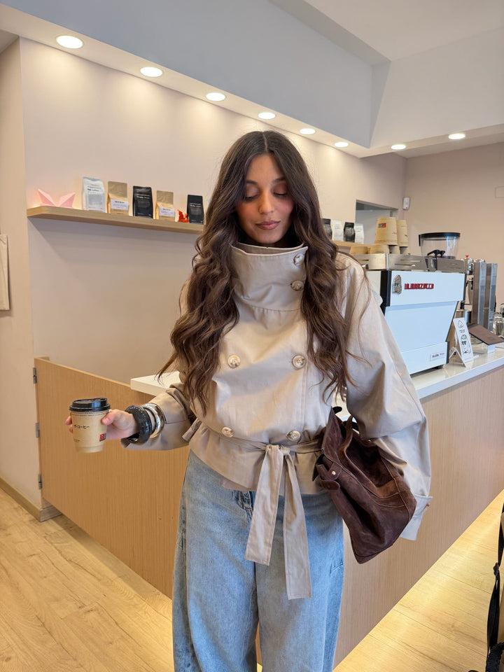 Cropped High Neck Trench Coat in Beige