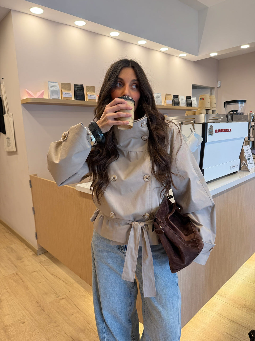 Cropped High Neck Trench Coat in Beige