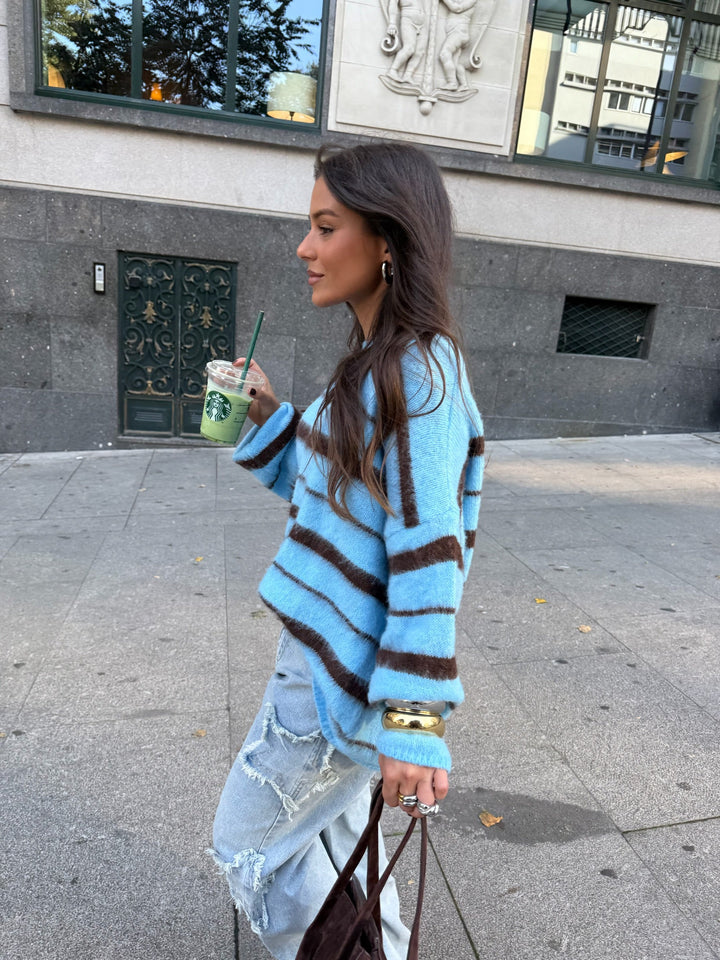 Oslo Knit Sweater in Blue and Brown