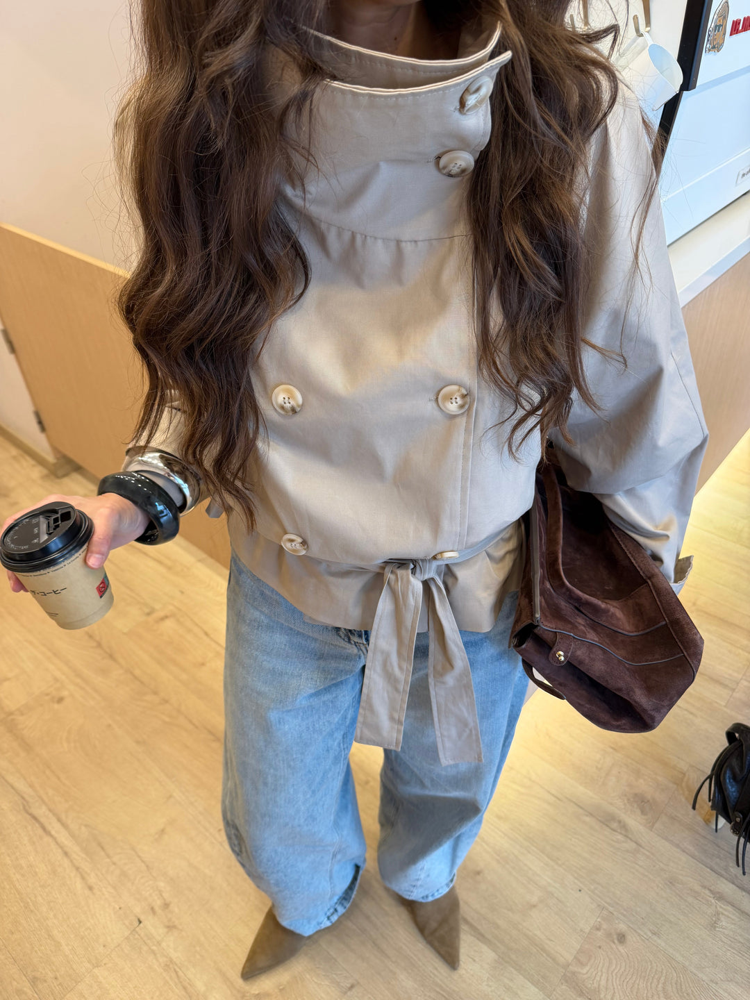 Cropped High Neck Trench Coat in Beige