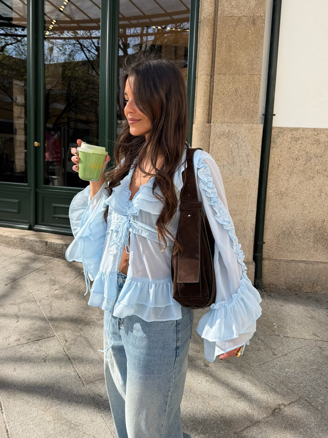 Sheer Ruffle Blouse in Baby Blue