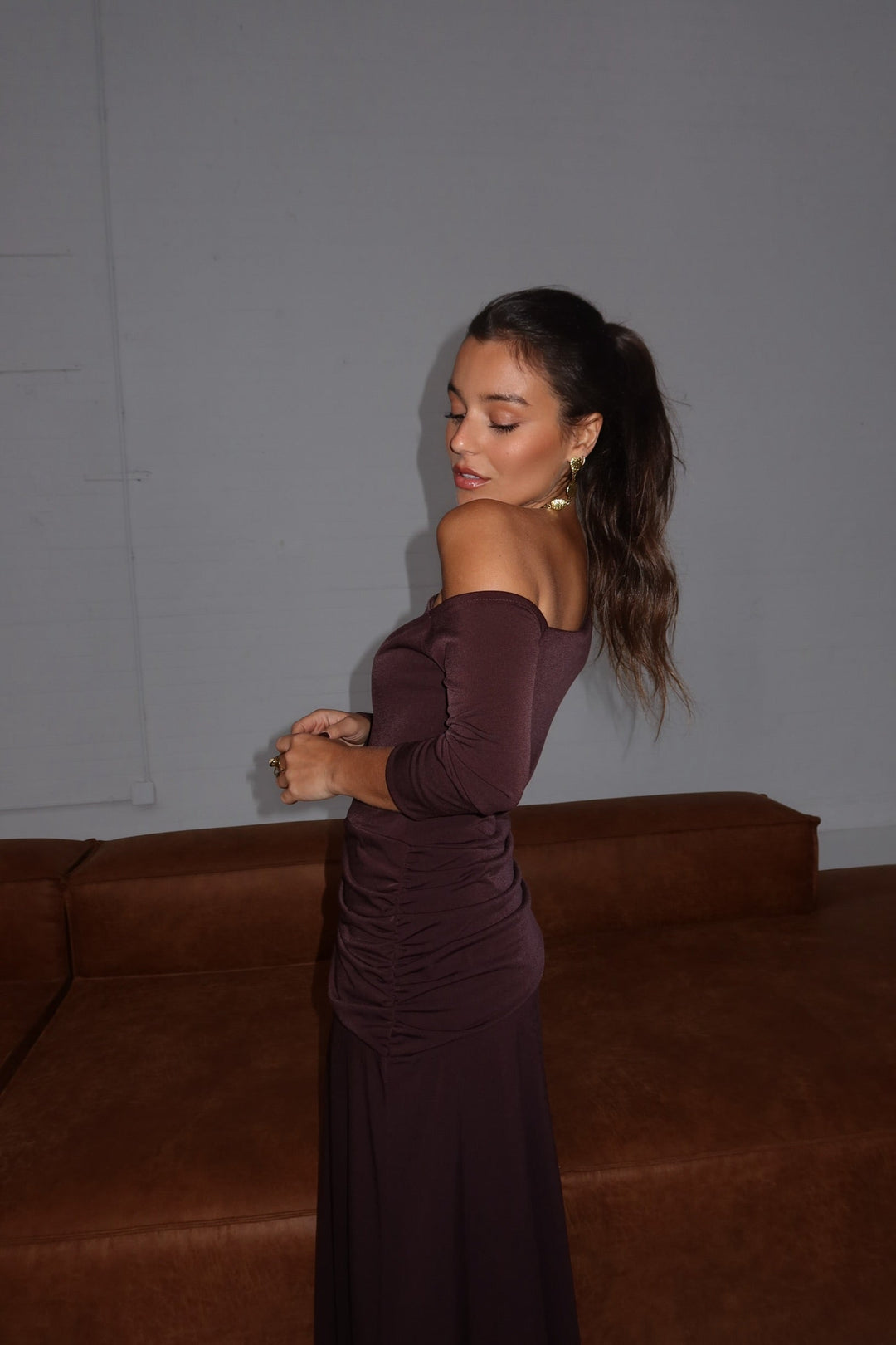Maya Long Midi Dress in Chocolate Brown