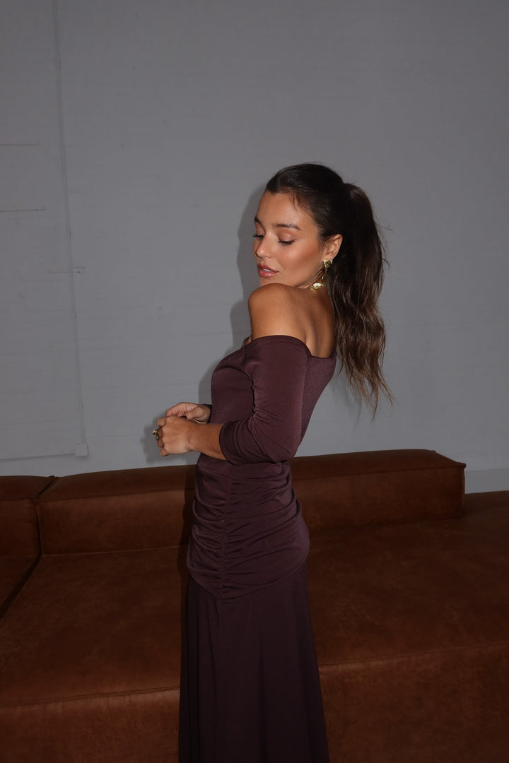 Maya Long Midi Dress in Chocolate Brown