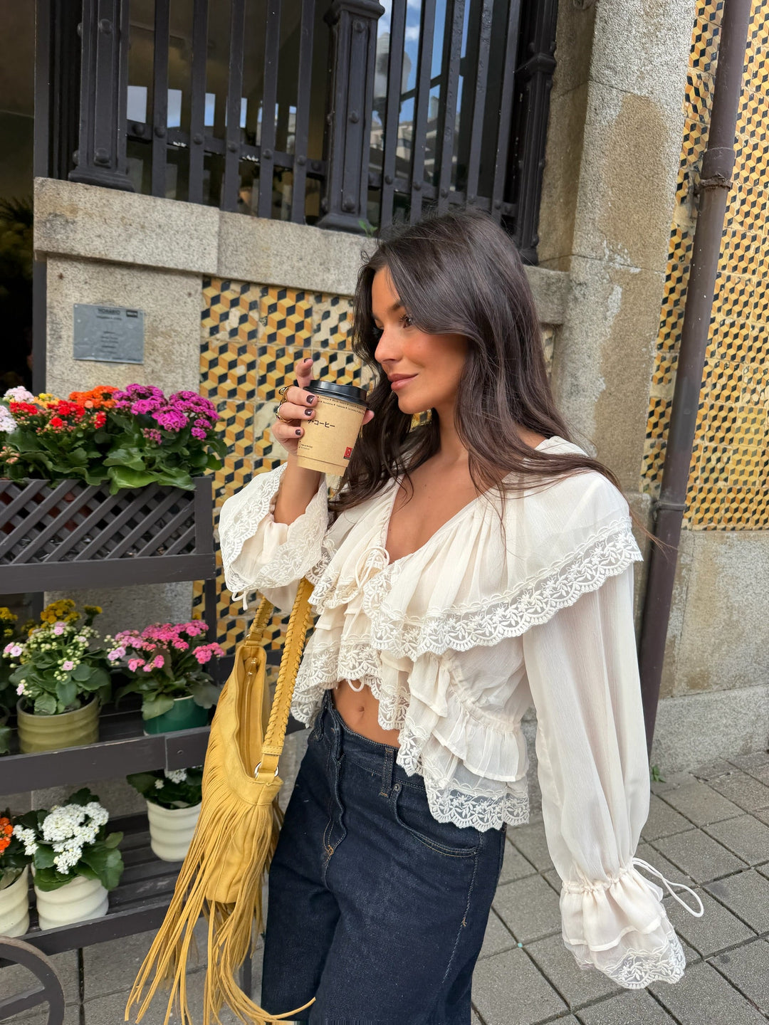 Lace Detail Ruffle Blouse in Cream