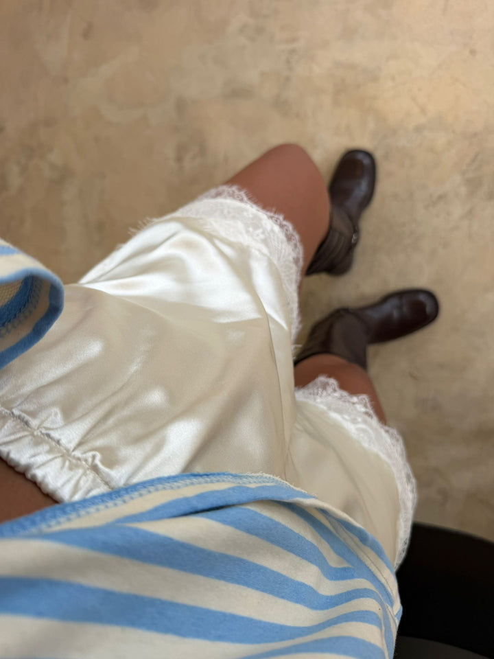 Satin Lace Trim Shorts in Cream